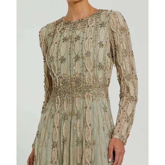 Mac Duggal NEW Embellished Mesh Long Sleeve A Line Gown Nude Sage $1,798 Size 10 - Picture 8 of 16
